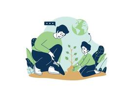 Father and son planting a tree together, symbolizing environmental stewardship and family bonding. vector