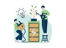 Two men, one holding a power outlet and the other watering a plant, work together to create a sustainable energy solution. vector
