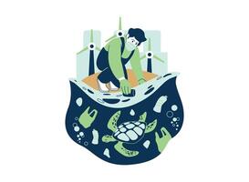 Worker cleaning up ocean pollution, symbolizing marine conservation and a healthier ecosystem. vector