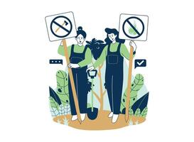 Two women, holding signs against deforestation and wildfires, stand proudly beside a young sapling, symbolizing environmental protection. vector