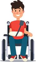 Young man happily sits in a wheelchair with a broken arm, showing strength and positivity vector