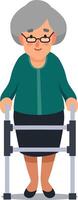 Illustration of an elderly woman with grey hair and glasses using a walker to help her stand and walk. She is smiling and appears to be in good spirits vector