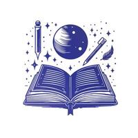 an open book with a pen, pencils and a star vector