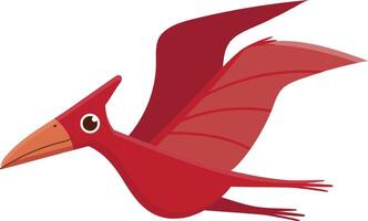 Red pterodactyl dinosaur happily flies with open wings in a colorful cartoon, bringing prehistoric charm against a white background vector