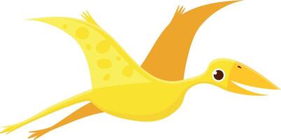 Cartoon illustration of a yellow pterodactyl dinosaur with big wings flying and smiling, isolated over white background vector