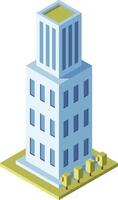 Modern office building in a city, surrounded by trees, showcases sleek architecture blending with the urban landscape. The high rise tower symbolizes modern business in a vibrant metropolis vector
