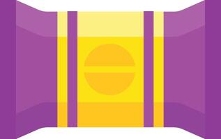 Vibrant purple and yellow flow pack packaging with a round product inside against a white background, customizable for any brand. Ideal for showcasing food items vector