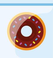 Chocolate donut with colorful sprinkles is sealed in plastic wrap packaging, showcasing its deliciousness and freshness vector