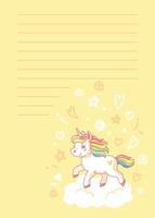 Kawaii unicorn is walking on a cloud with a yellow background for writing text, notes, list or message. illustration vector