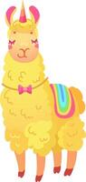 A whimsical cartoon style llama features a unicorn horn and a vibrant rainbow saddle. The llama is yellow with a charming bow showcasing a playful design vector
