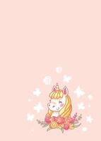 Cartoon unicorn smiling surrounded by flowers and butterflies on a pink background, ideal for joyful and positive projects. illustration vector