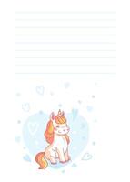 Cartoon unicorn is sitting on a blue heart shape surrounded by smaller hearts with a blank page with lines above it. illustration vector