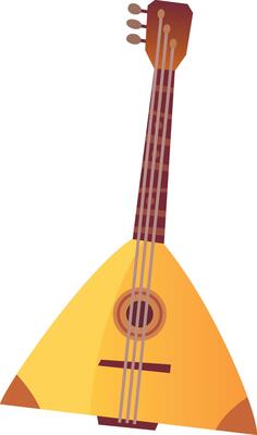 A traditional balalaika characterized by its distinctive triangular body and long neck stands prominently with its bright yellow hue highlighting the intricate detailing of the instrument