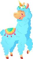 This cheerful blue llama prances playfully adorned with a sparkling unicorn horn and festive decorations on its back bringing joy to the sunny surroundings vector