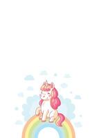 Charming unicorn is sitting peacefully on a vibrant rainbow, surrounded by fluffy clouds, creating a magical and whimsical scene. illustration vector