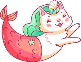 A playful cartoon cat with a mermaid tail smiles joyfully while swimming through the water featuring a vibrant green mane and whimsical design elements surrounding it vector