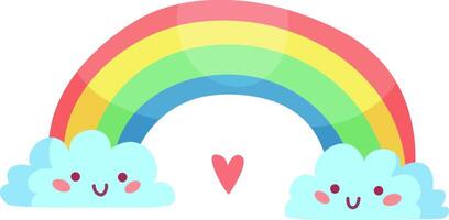 A vibrant rainbow arches between two playful smiling clouds adorned with rosy cheeks and a cute heart below creating a joyful and whimsical scene for kids vector