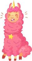 A joyful pink llama with a unicorn horn beams with happiness adorned with a star showcasing a playful and whimsical cartoon style in vibrant colors vector
