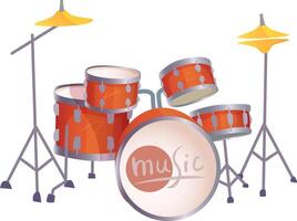 A vibrant drum set features bright orange drums and shiny cymbals ready for a musical performance. The playful design evokes excitement and creativity vector