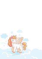 Cartoon unicorn is flying in the sky, surrounded by clouds, ideal for children's projects. illustration vector