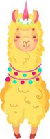 A joyful cartoon llama stands proudly adorned with a flower crown and colorful decorations. The whimsical design enhances its playful character and charm vector