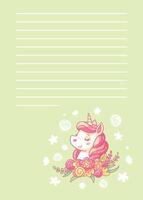 Cute cartoon unicorn smiling surrounded by flowers on a notebook page background with space for text. illustration vector