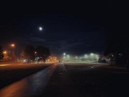 A lone figure walks along a dimly lit path on a foggy night, with the moon shining brightly in the distance. The streetlights cast an ethereal glow on the surrounding trees and grass. photo