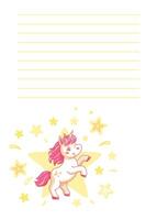Cute cartoon unicorn with pink hair is standing on a yellow star with its front legs raised on a starry background with an empty page for notes. illustration vector