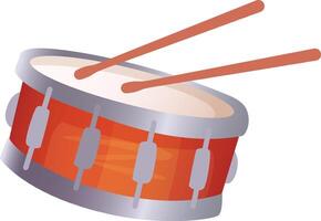 A bright snare drum rests on a surface with two wooden drumsticks on top ready for use in a vibrant musical session taking place in a sunny studio environment vector