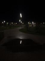night park, night walk, streetlights, illuminated path, wet pavement, reflections, urban park, night photography, city lights, moody, atmospheric, serene, peaceful, nighttime, cityscape, urban landsca photo