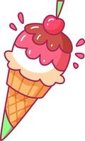 A vibrant ice cream cone features scoops of pink and white ice cream topped with a cherry and surrounded by chocolate drizzle evoking a fun sweet treat vector