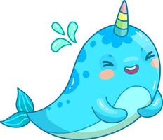 A joyful cartoon narwhal displays a big smile while splashing water droplets around. The character features a colorful spiral horn and bright blue body radiating positivity vector