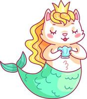 A charming cat mermaid enjoys the underwater world wearing a golden crown and holding a delicate seashell surrounded by colorful ocean life vector