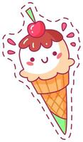 A cheerful ice cream cone character with a smiling face sits atop a waffle cone. It boasts a scoop of vanilla ice cream chocolate drizzle and a cherry exuding happiness vector