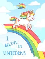 A playful unicorn with a rainbow mane walks along a vibrant rainbow under a sky filled with fluffy clouds and stars celebrating the magic of believing in unicorns vector