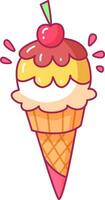 A delightful ice cream cone features layers of yellow and white ice cream topped with chocolate sauce and a bright red cherry ready to enjoy on a sunny summer day vector