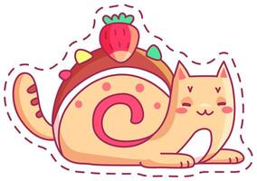 A playful cartoon cat lies comfortably on its side featuring a strawberry atop a candy like shell radiating a joyful and fun ambiance vector