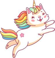 This delightful creature part cat and part unicorn leaps through the air with a vibrant rainbow colored mane showcasing a whimsical and cheerful design vector