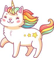 A delightful cartoon features a unicorn cat with a vibrant rainbow mane showcasing a cheerful expression and fun star motifs on its side. This character embodies a magical and playful aesthetic vector