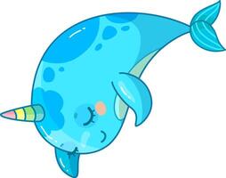 This cheerful cartoon narwhal glides effortlessly through vibrant blue waters its distinctive spiral tusk and playful demeanor bringing joy to the underwater scene vector