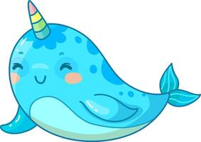 A cheerful blue narwhal with a colorful horn is seen playfully swimming in a bright ocean. Its joyful expression adds charm to the underwater scene vector