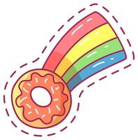 A whimsical donut with colorful sprinkles is connected to a vibrant rainbow creating a fun and cheerful atmosphere. The illustration features bright colors and playful lines vector