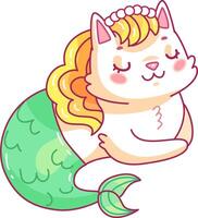 A whimsical cat mermaid is lounging peacefully featuring a sparkling green tail and vibrant golden locks radiating charm and enchantment vector