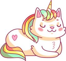 This adorable creature blends features of a cat and a unicorn sporting a vibrant rainbow mane and pastel colors. It looks joyful and content while relaxing appealing to cat lovers and unicorn fans vector