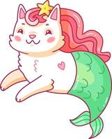 This adorable cat mermaid features a playful expression a pink mane and a flowing green tail adding charm to a vibrant underwater setting teeming with imagination vector