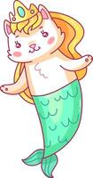 This illustration features a charming cat mermaid with a golden crown and a flowing green tail embodying a fun magical underwater character vector