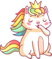 A charming cartoon cat with a colorful rainbow colored mane and a small crown enjoys a moment of bliss while sucking on its paw portraying a whimsical character vector