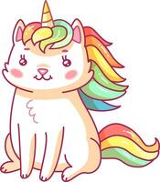 A cheerful cartoon cat with a colorful rainbow mane and a unicorn horn sits happily. Its playful expression brightens the atmosphere inviting smiles from viewers vector