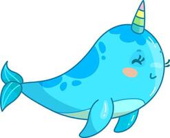 A charming blue narwhal glides gracefully through the ocean adorned with a colorful tusk and an adorable expression embodying a joyful underwater spirit vector