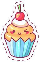 A cheerful cartoon cupcake features a creamy swirl of frosting topped with a bright cherry. Its colorful wrapper and playful design make it an appealing dessert illustration vector